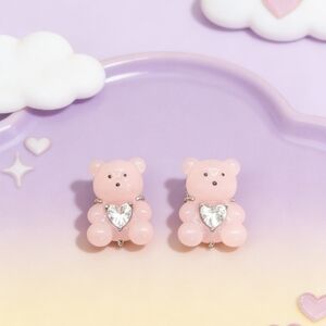 Pink Teddy Bear Stud Earrings Crystal Heart Kawaii Resin Jewelry Gift